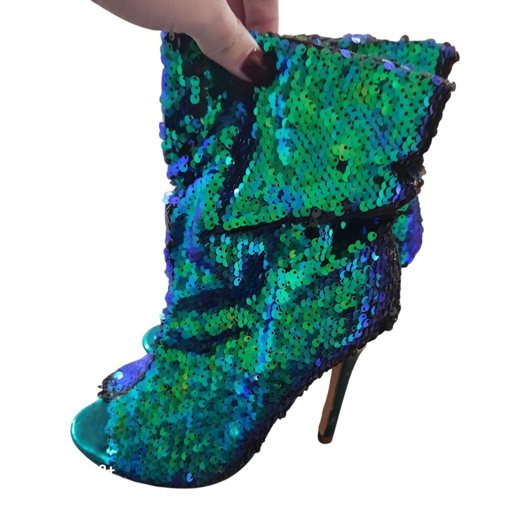 Liliana Sequin Ankle Booties Blue Green Peep Toe Stiletto‎ Heels 6